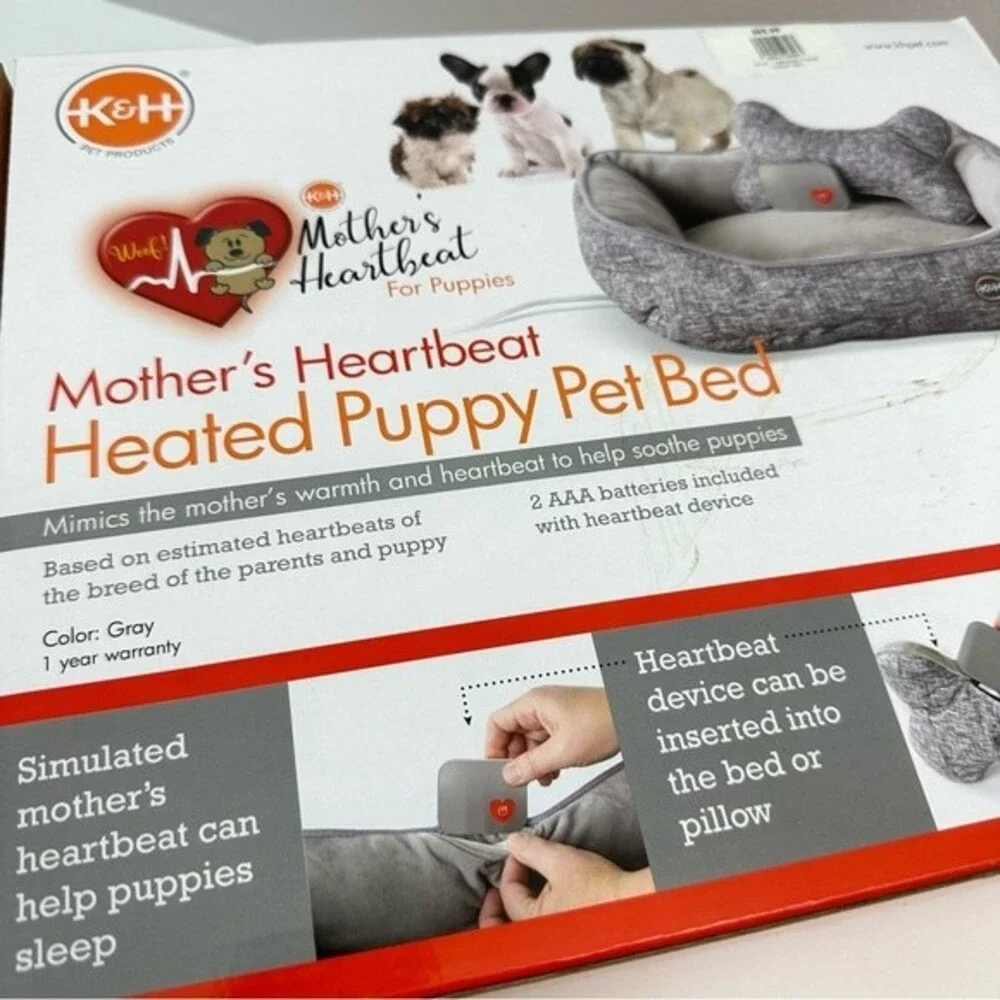 K&H Mother's Heartbeat Grey Heated Puppy Pet Bed Dog Animal Comfy Sleep Nap